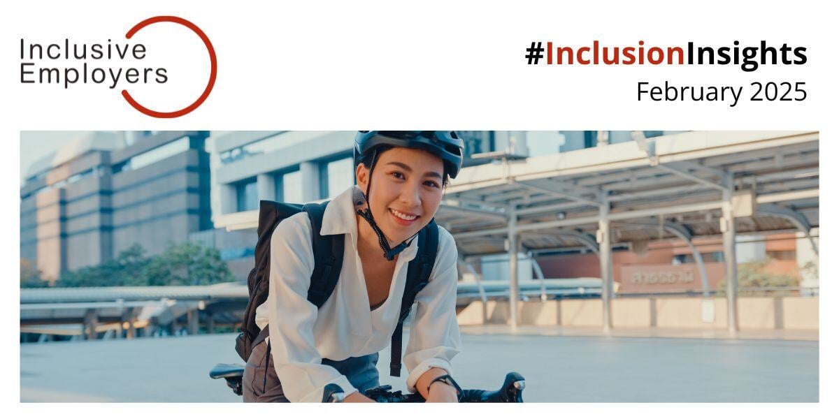 Caption: Inclusion insights February 2025 Image shows: Person in a suit, rucksack and cycle helmet, smiling whilst on a bike.