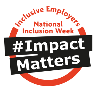 Image shows red circle with text: Inclusive Employers. Within the circle it reads: National Inclusion Week #Impact Matters